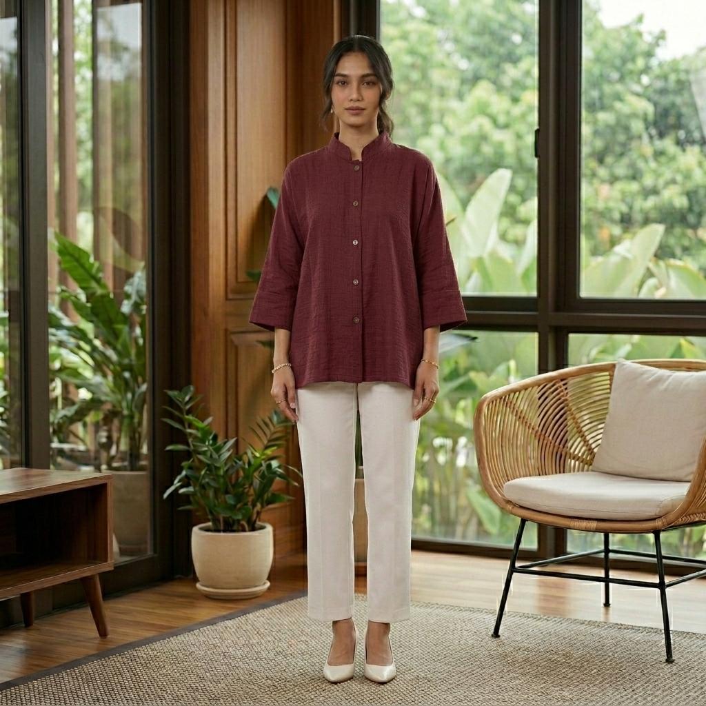 AERIN Blouse Free Size - Cotton Linen 3/4 Sleeve With Wooded Button Fashion Wanita Muslimah