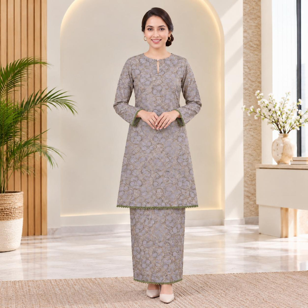 SERI KENCANA Kurung Riau Floral - Sutera Vietnam With Premium Lace - Modest Fashion Wanita Muslimah