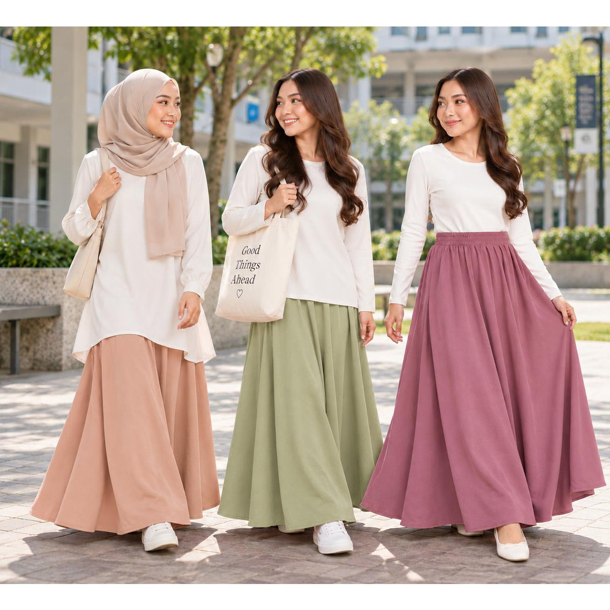 AINA Maxi Skirt – Skirt Labuh Kembang Pinggang Getah – Long Flowy Skirt Modest Fashion Wanita Muslimah
