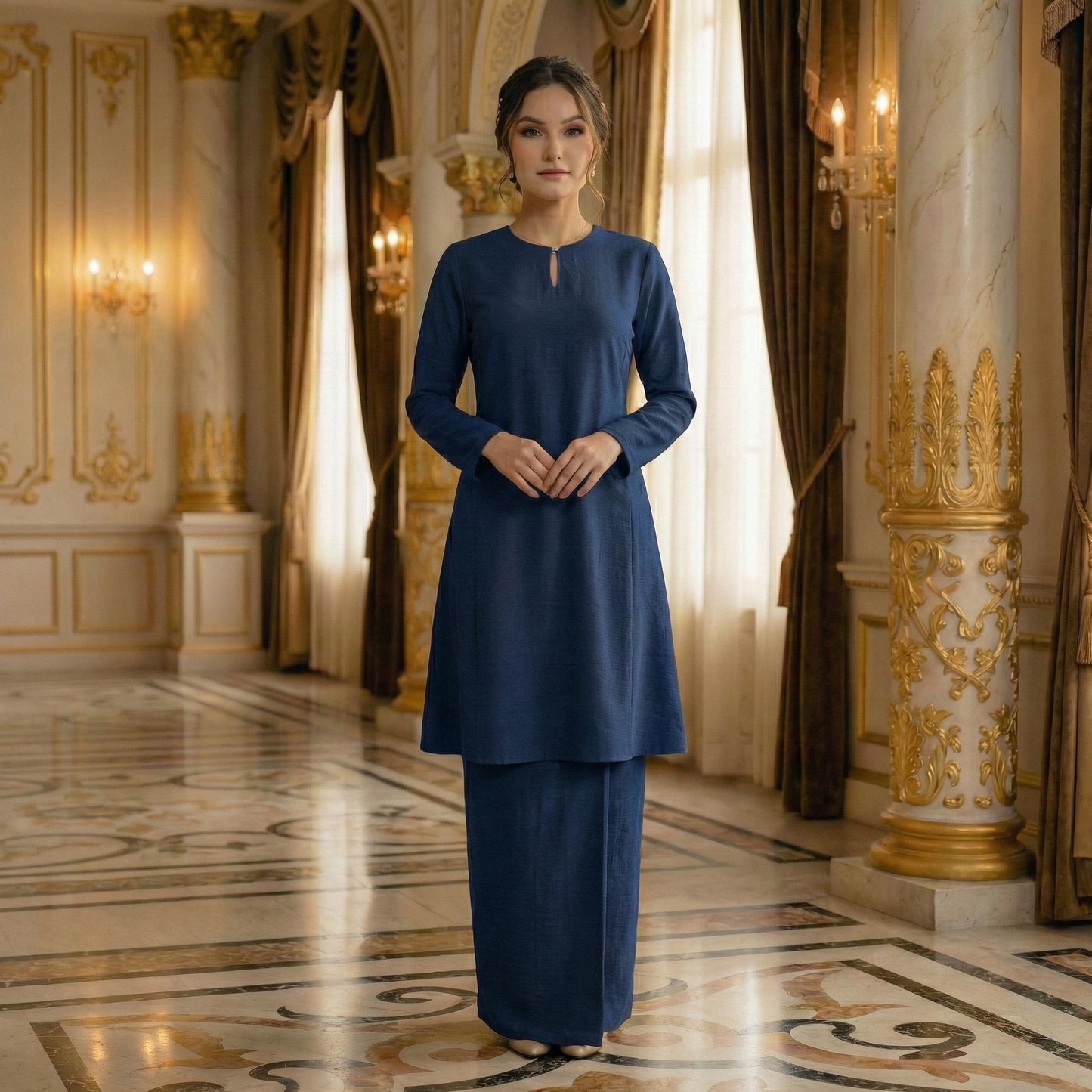 Baju Kurung Pahang Berpesak Material Cotton Plain (Navy Blue)