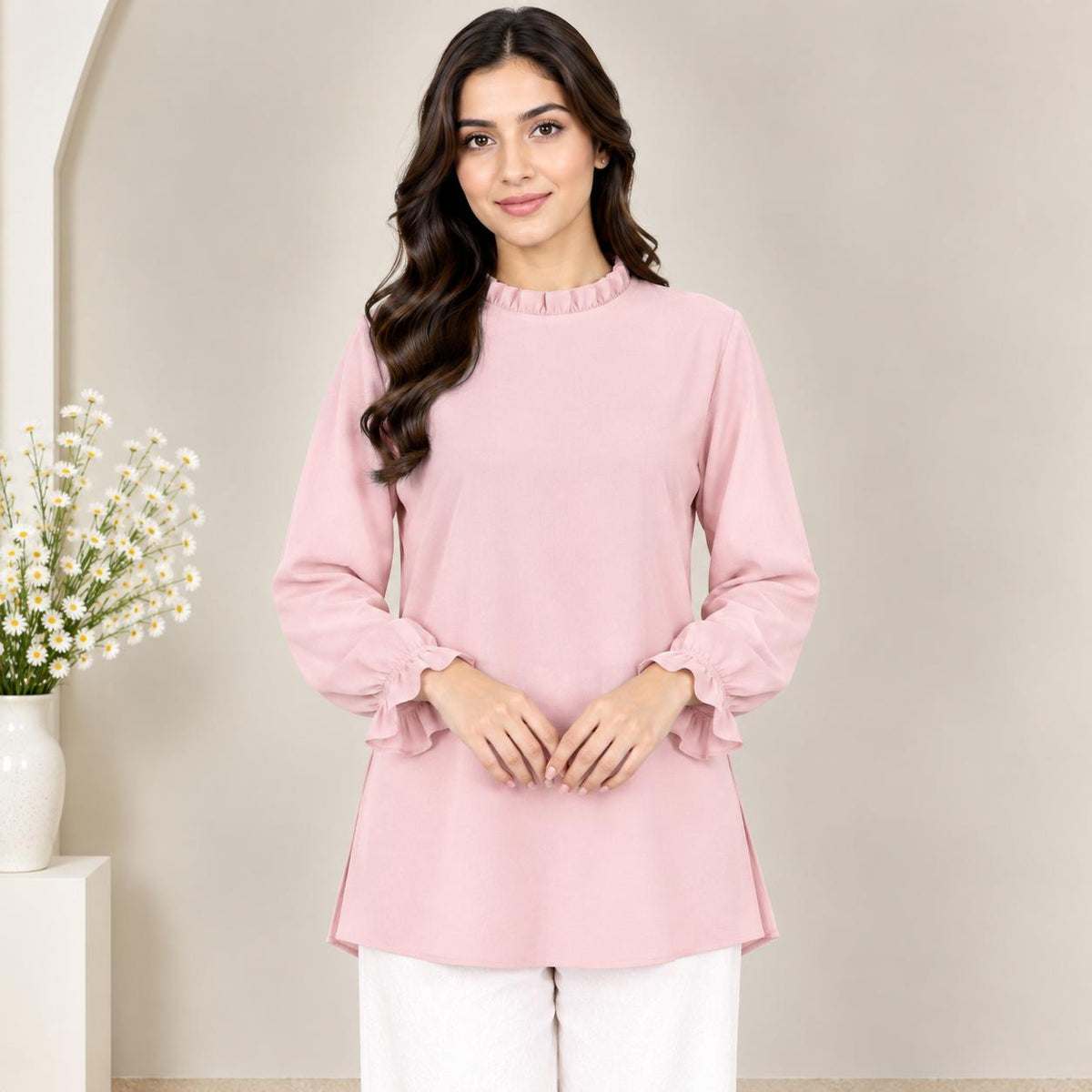 LYANA Ruffle Blouse – Blouse Wanita Leher Ropol Lengan Panjang Zip Belakang – Modest Fashion Muslimah