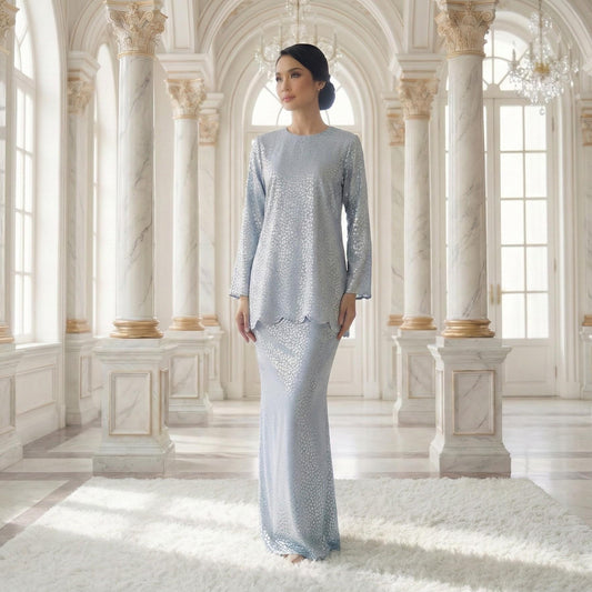Aryana  Mini Kurung Royal Satin Dot Embossed (Baby Blue)
