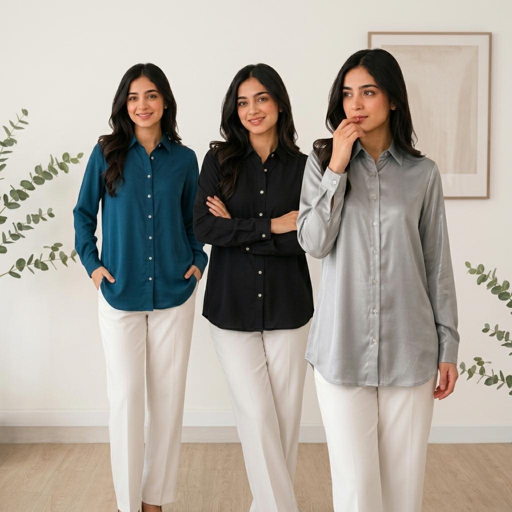 AURELIA Blouse Premium Satin-Touch Long Sleeve Button-Down Collar Plus Size Blouse for Women Fashion Muslimah