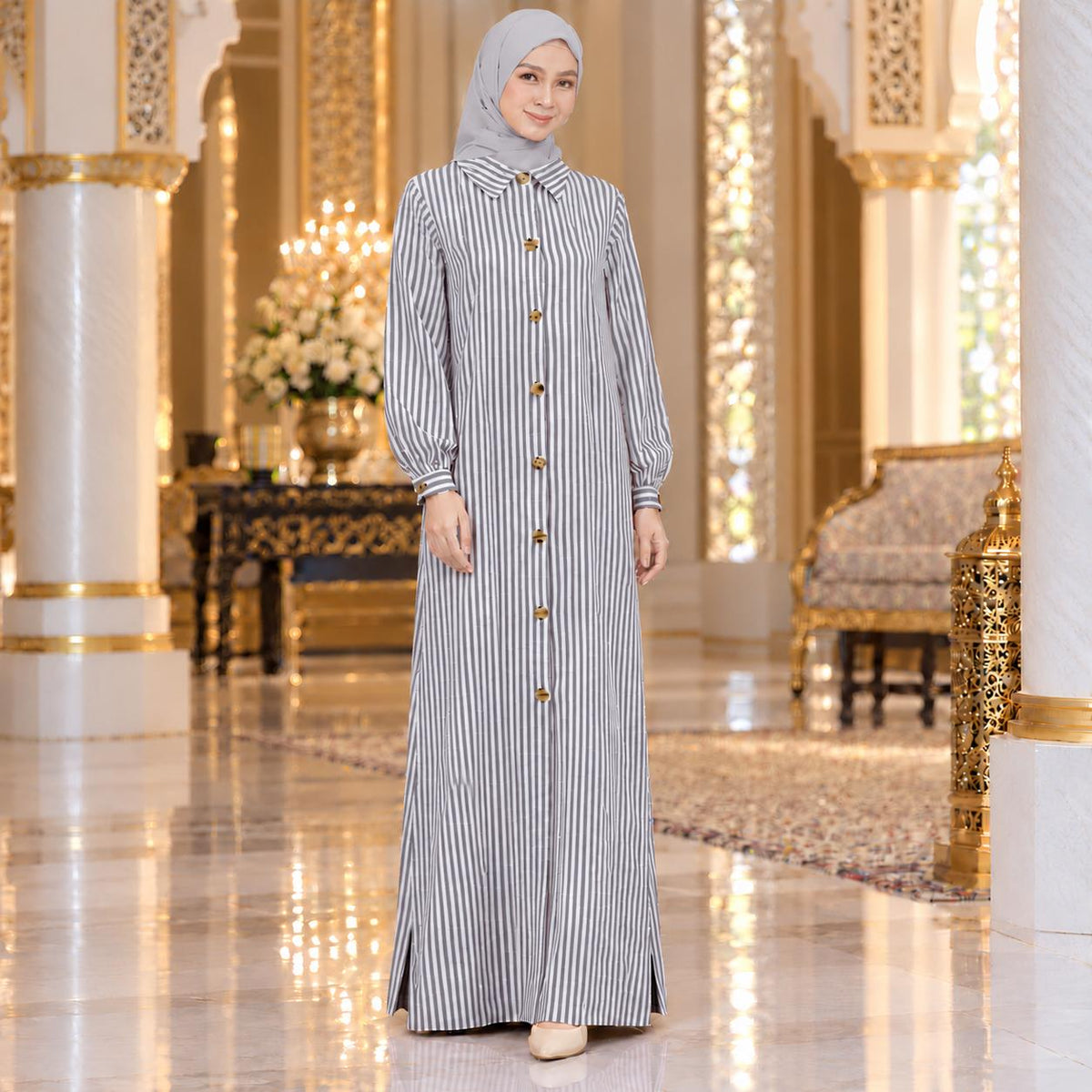 ALEENA Jubbah Stripe Button Collared - Jubah Kemeja Jalur Butang Hadapan Lengan Panjang - Modest Fashion Wanita Muslimah