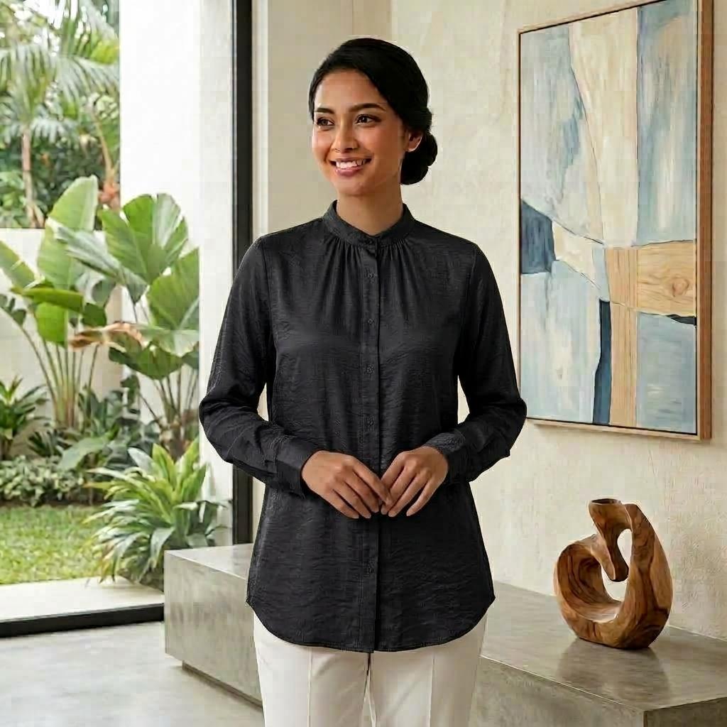 Lovito Elegant Blouse Button - Blouse Muslimah Ironless Vallisse Satin - Labuh Longgar Moden Casual Office Daily Wear