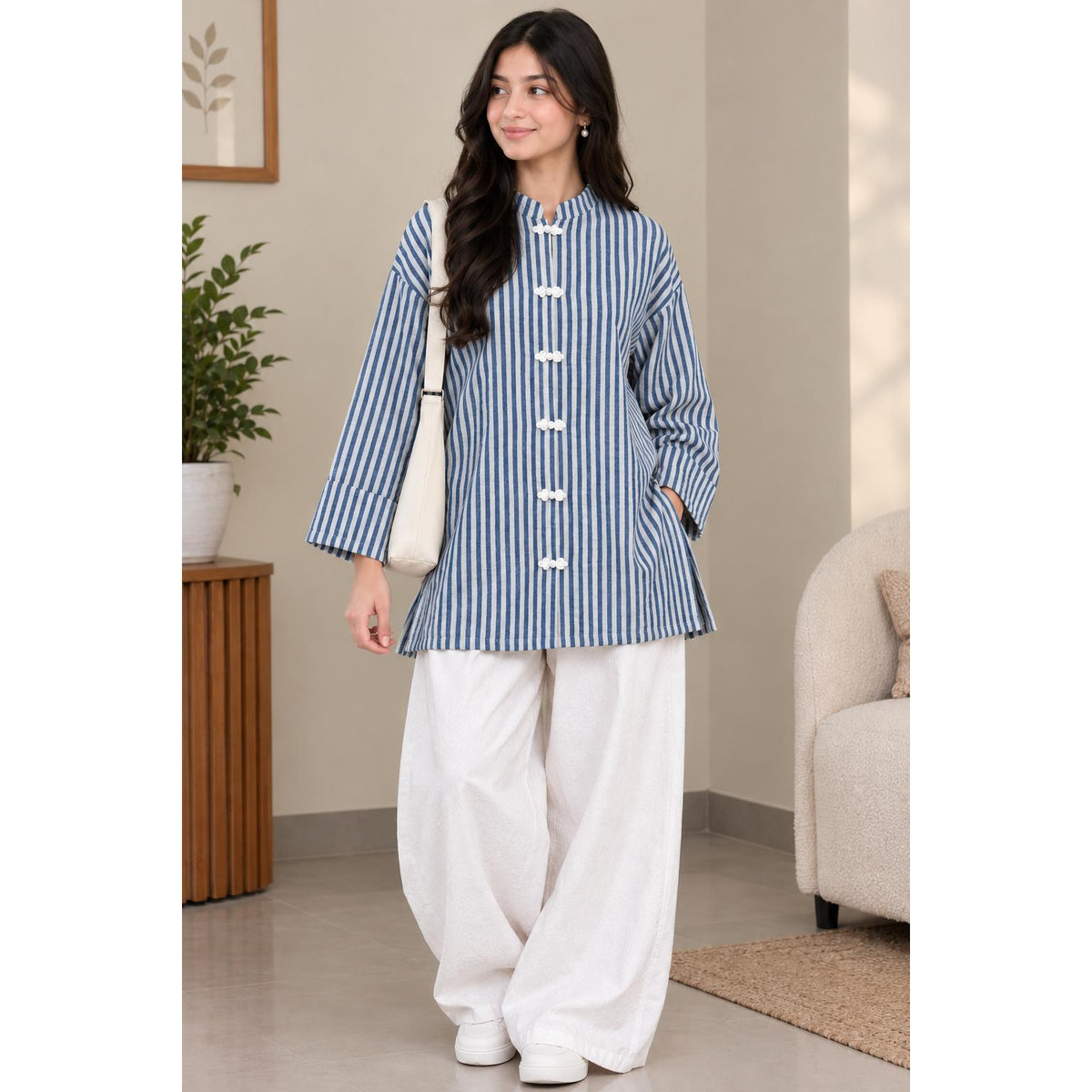 AYLIN Mandarin Blouse Cotton Line - Butang Sulam - Long Sleeve Mandrin Kolar - Modest Fashion Wanita Muslimah