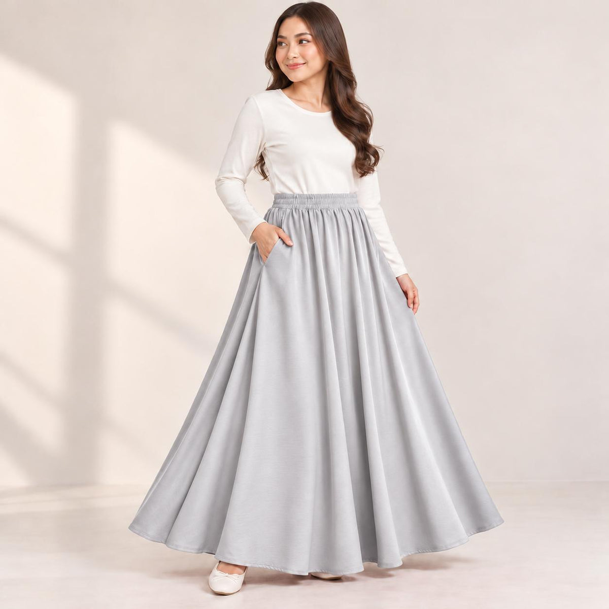 AINA Maxi Skirt – Skirt Labuh Kembang Pinggang Getah – Long Flowy Skirt Modest Fashion Wanita Muslimah