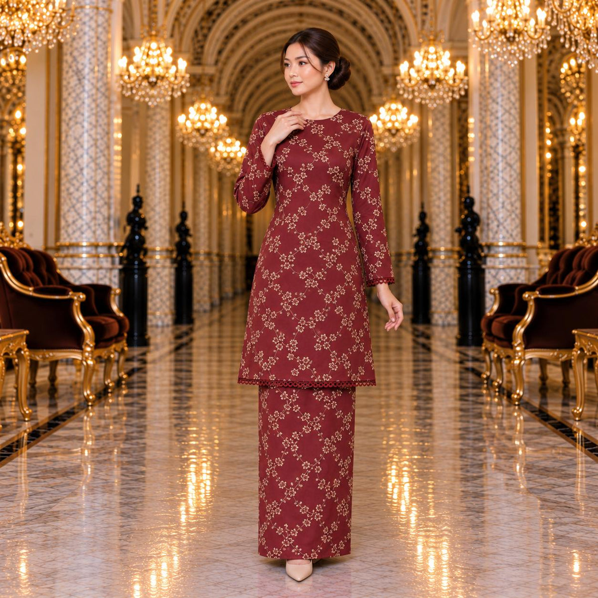 SEROJA Kurung Riau Floral – Baju Kurung Wanita Lace Lengan Panjang Kain Kipas Belakang – Modest Fashion Muslimah
