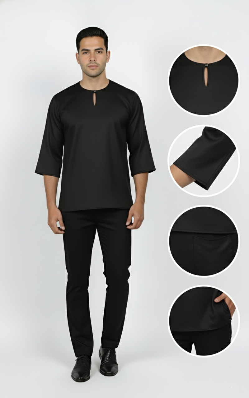 Kurta Lelaki Dewasa Tiga Suku Premium Crepe Dengan Wooded Button (Teal Blue)