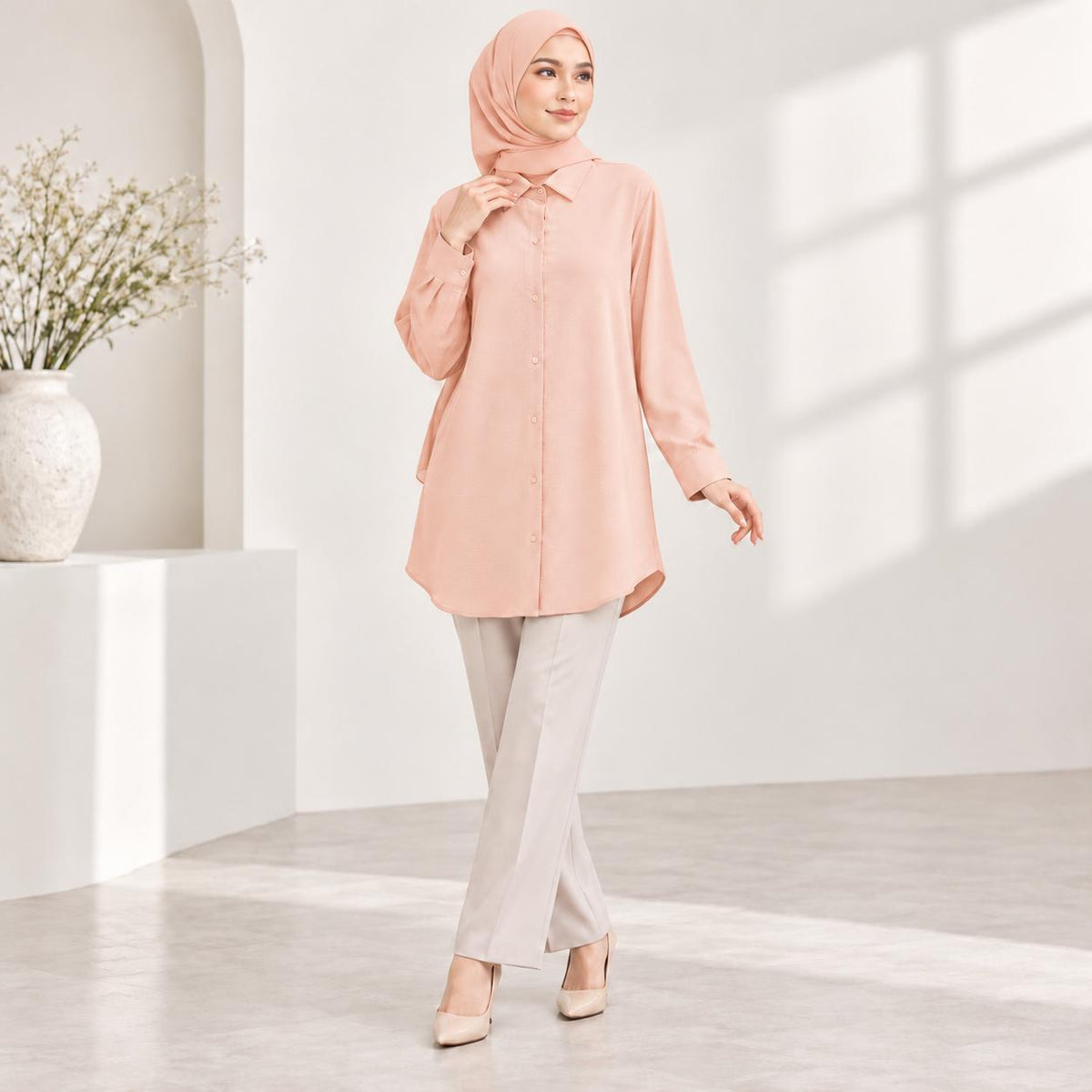 LANA Blouse Long Sleeves Kemeja Kolar With Front Buttons - Material CEY - Modest Fashion Wanita