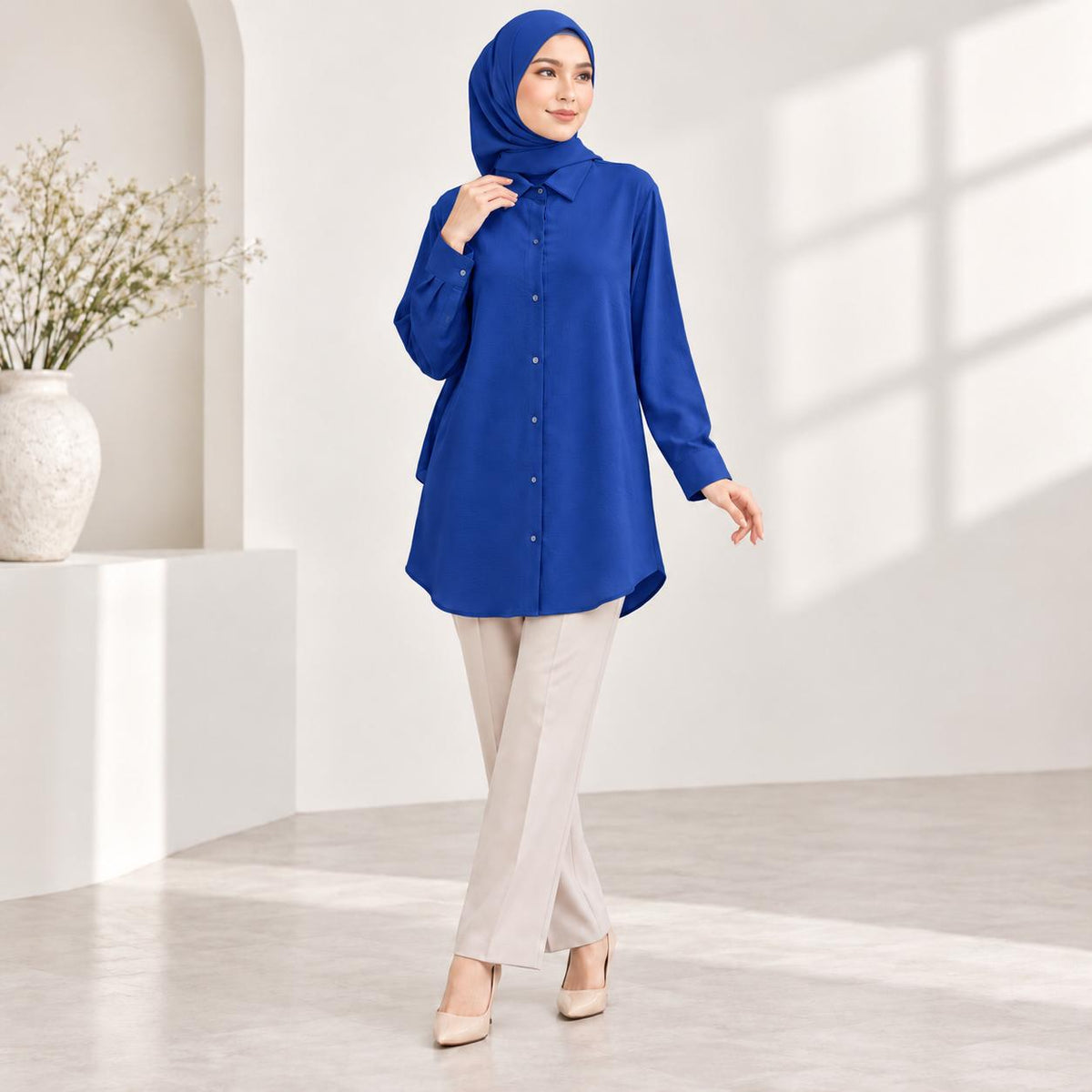 LANA Blouse Long Sleeves Kemeja Kolar With Front Buttons - Material CEY - Modest Fashion Wanita