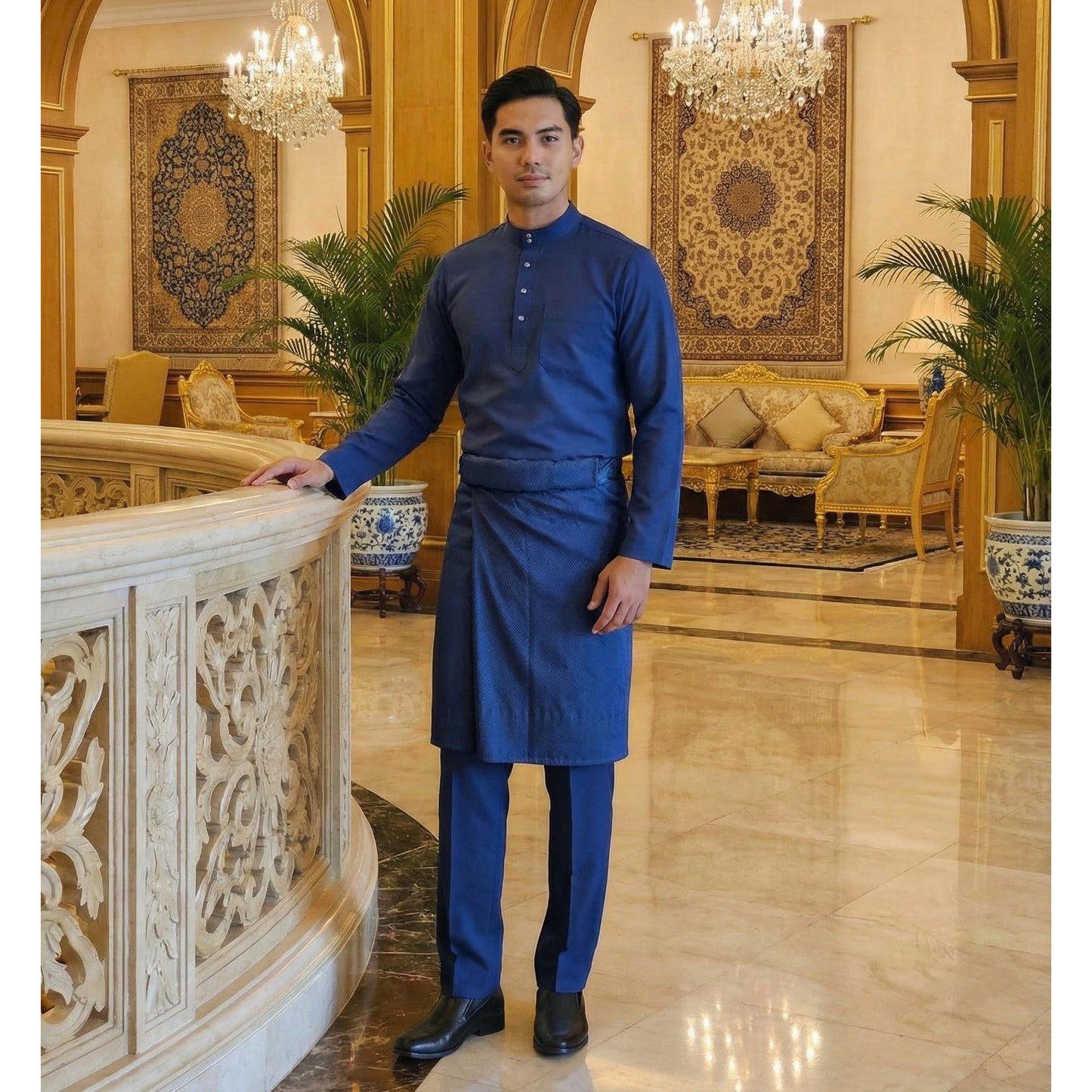 Baju Melayu Adult Pearl Skin - Top One Side Zip (Navy Blue)