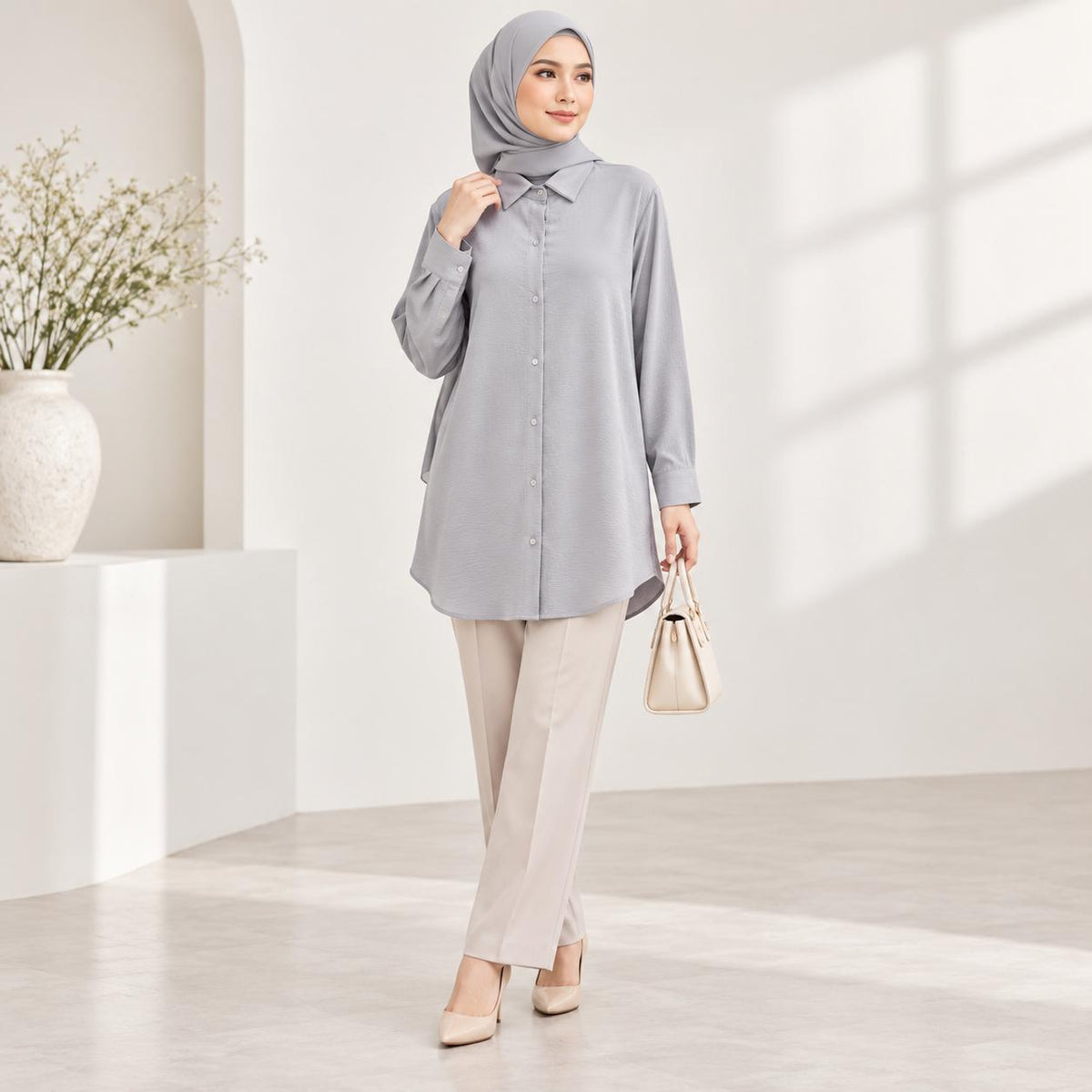 LANA Blouse Long Sleeves Kemeja Kolar With Front Buttons - Material CEY - Modest Fashion Wanita