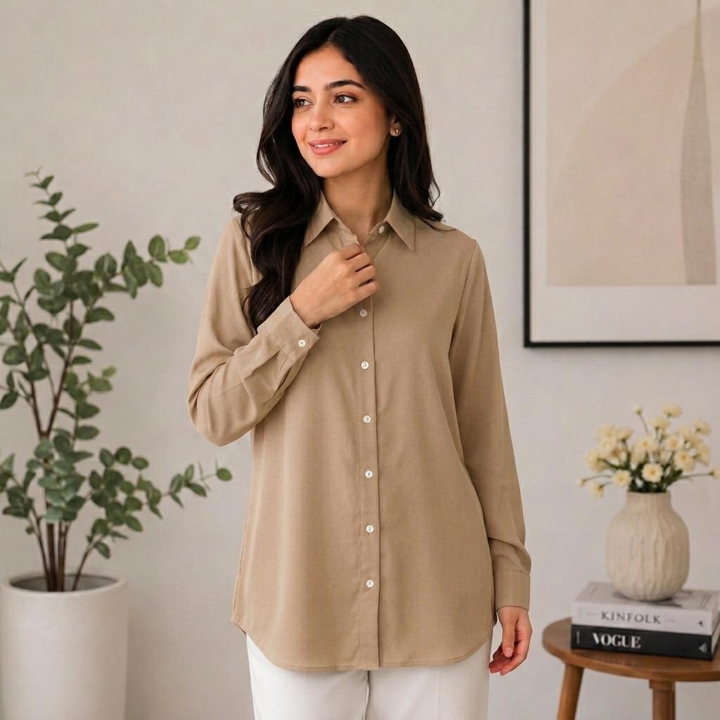 AURELIA Blouse Premium Satin-Touch Long Sleeve Button-Down Collar Plus Size Blouse for Women Fashion Muslimah