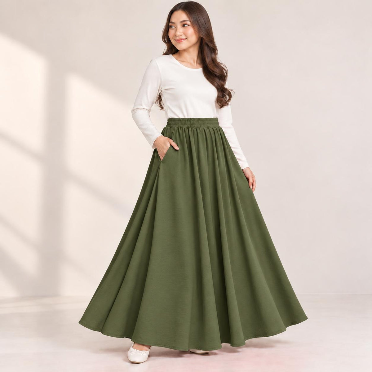 AINA Maxi Skirt – Skirt Labuh Kembang Pinggang Getah – Long Flowy Skirt Modest Fashion Wanita Muslimah