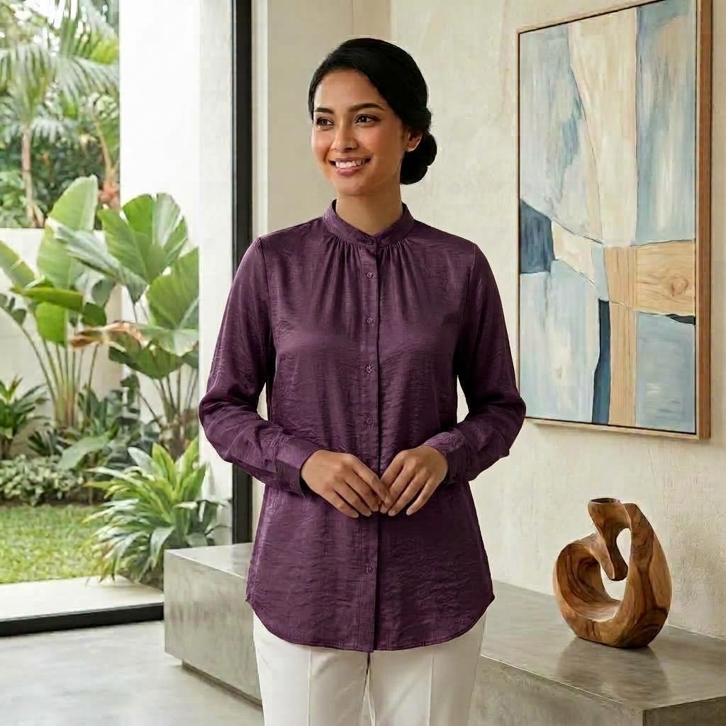 Lovito Elegant Blouse Button - Blouse Muslimah Ironless Vallisse Satin - Labuh Longgar Moden Casual Office Daily Wear