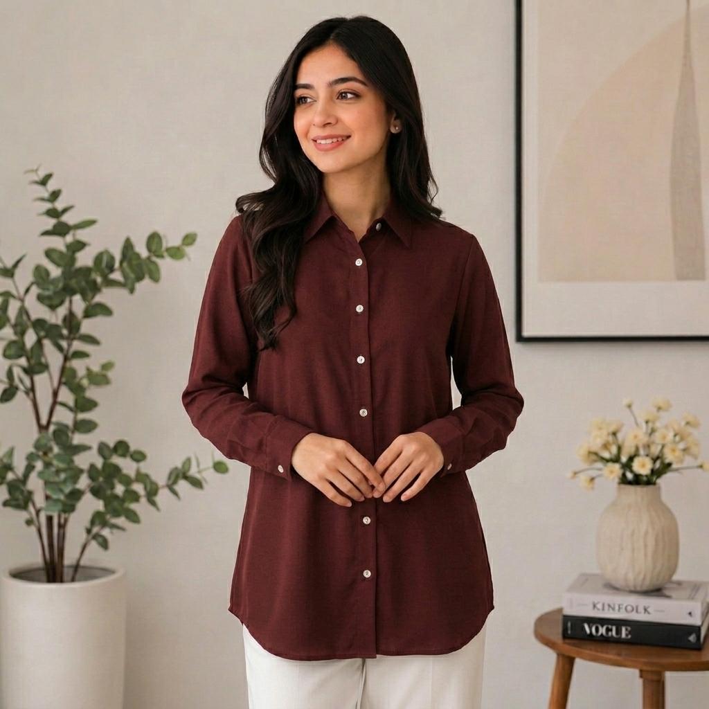 AURELIA Blouse Premium Satin-Touch Long Sleeve Button-Down Collar Plus Size Blouse for Women Fashion Muslimah