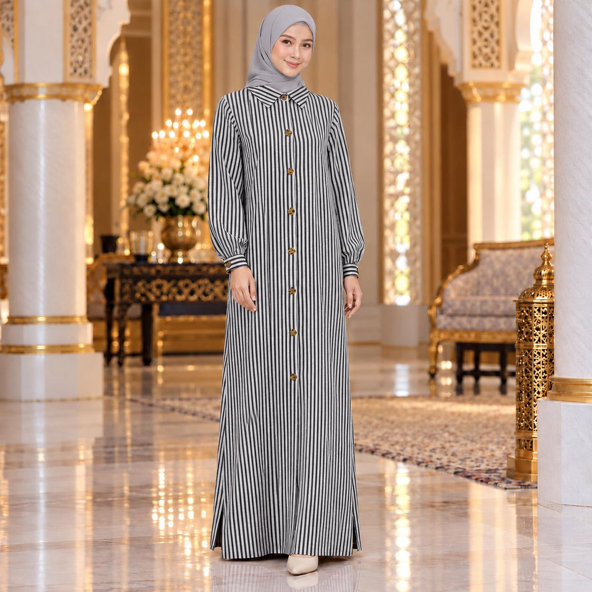 ALEENA Jubbah Stripe Button Collared - Jubah Kemeja Jalur Butang Hadapan Lengan Panjang - Modest Fashion Wanita Muslimah