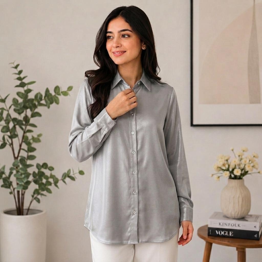 AURELIA Blouse Premium Satin-Touch Long Sleeve Button-Down Collar Plus Size Blouse for Women Fashion Muslimah