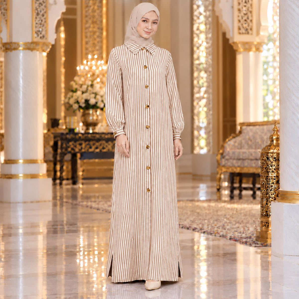 ALEENA Jubbah Stripe Button Collared - Jubah Kemeja Jalur Butang Hadapan Lengan Panjang - Modest Fashion Wanita Muslimah