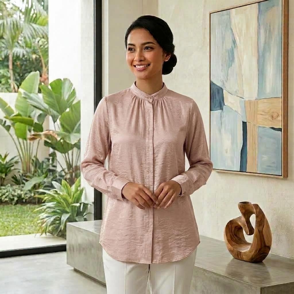Lovito Elegant Blouse Button - Blouse Muslimah Ironless Vallisse Satin - Labuh Longgar Moden Casual Office Daily Wear