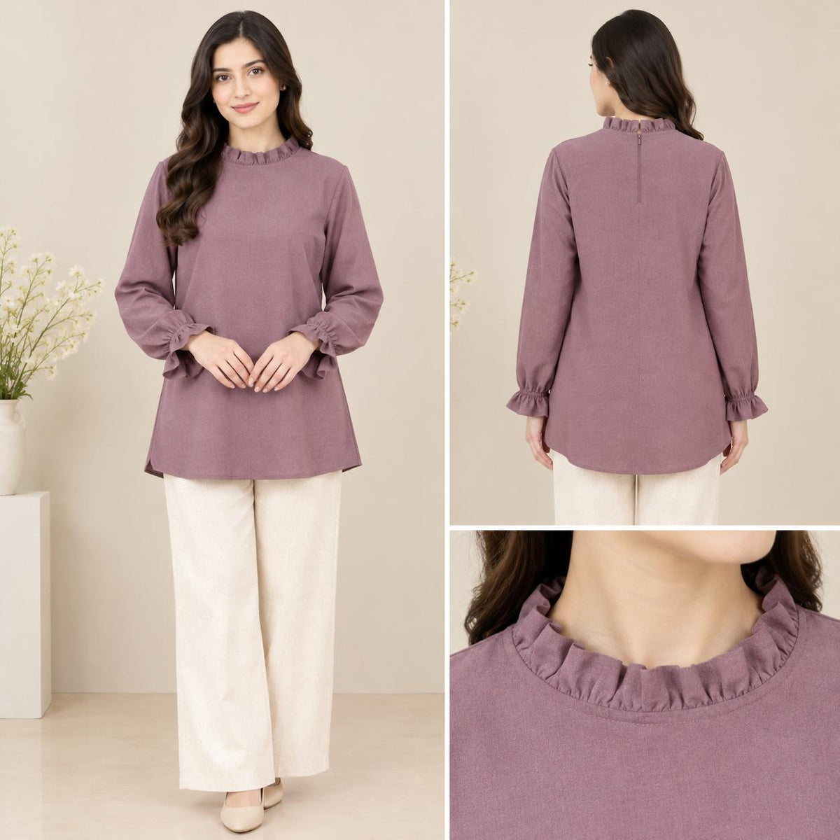 LYANA Ruffle Blouse – Blouse Wanita Leher Ropol Lengan Panjang Zip Belakang – Modest Fashion Muslimah
