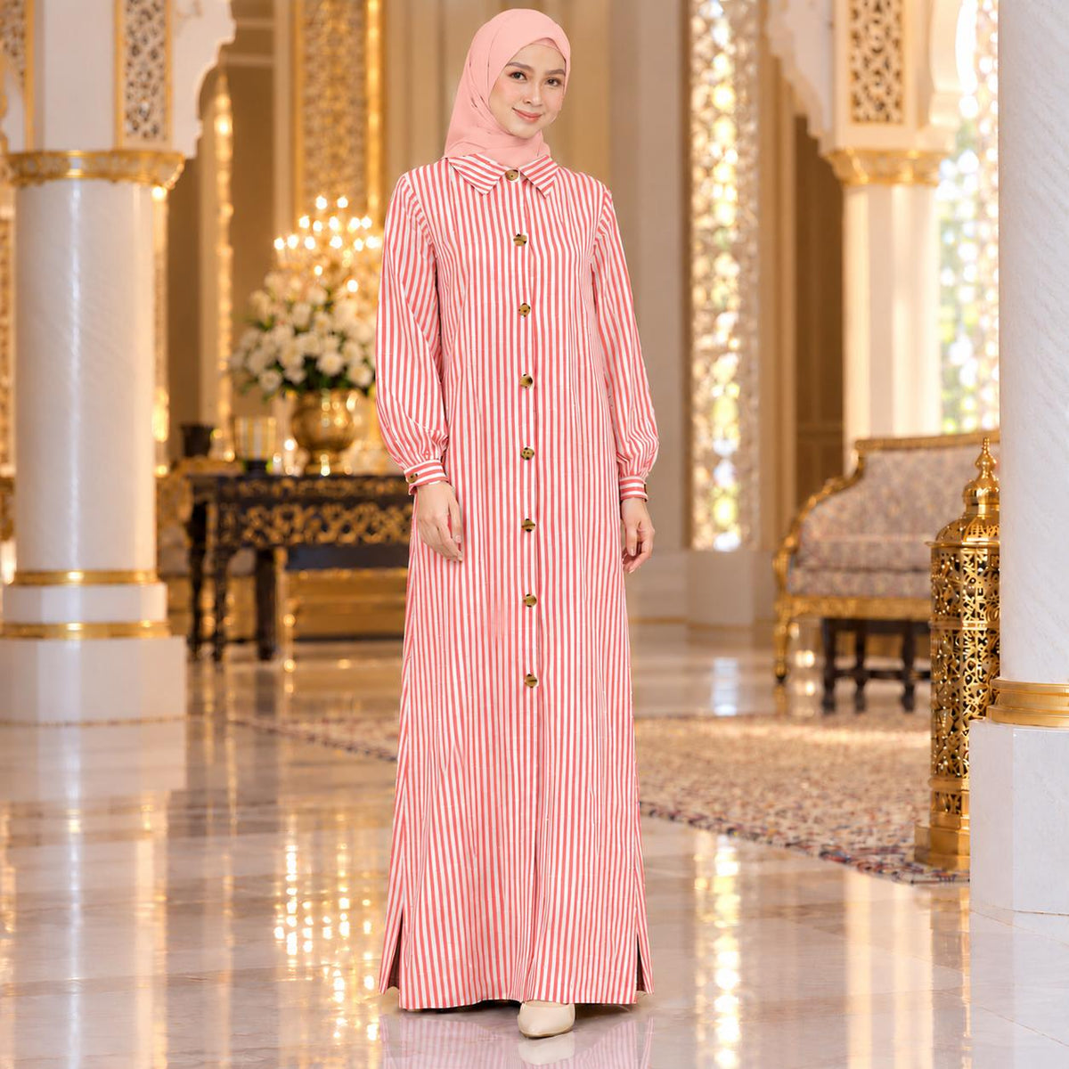 ALEENA Jubbah Stripe Button Collared - Jubah Kemeja Jalur Butang Hadapan Lengan Panjang - Modest Fashion Wanita Muslimah