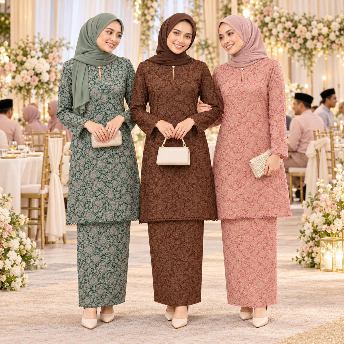 SERI KENCANA Kurung Riau Floral - Sutera Vietnam With Premium Lace - Modest Fashion Wanita Muslimah