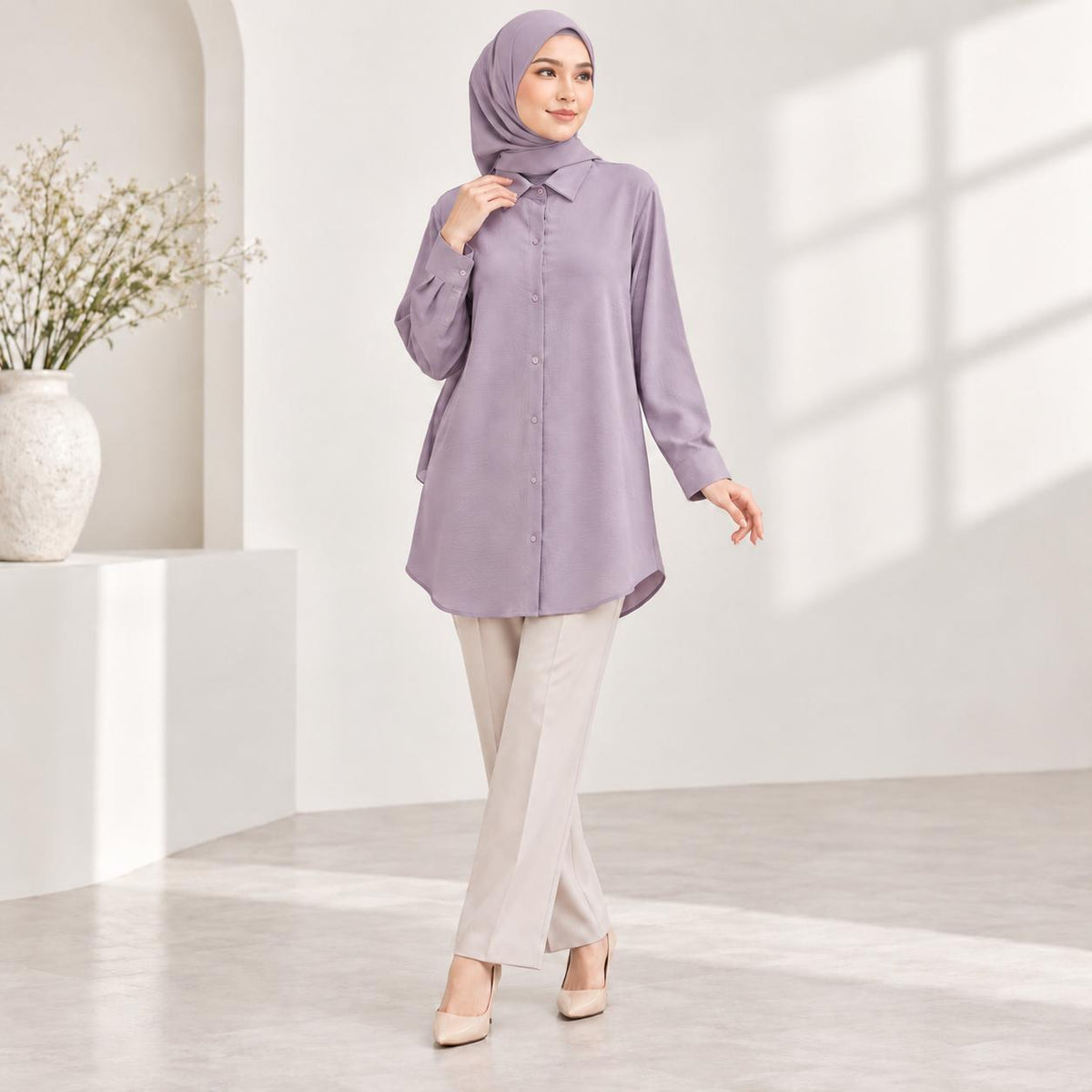 LANA Blouse Long Sleeves Kemeja Kolar With Front Buttons - Material CEY - Modest Fashion Wanita