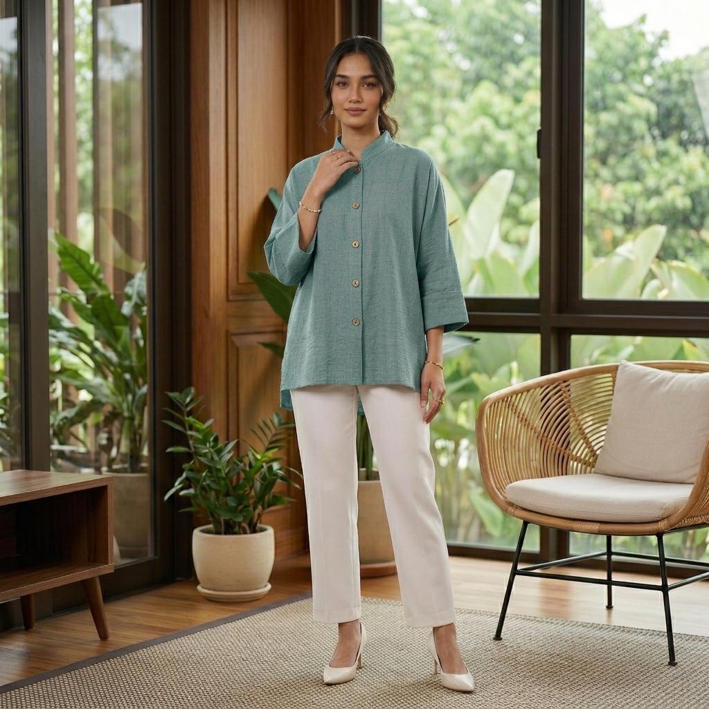 AERIN Blouse Free Size - Cotton Linen 3/4 Sleeve With Wooded Button Fashion Wanita Muslimah