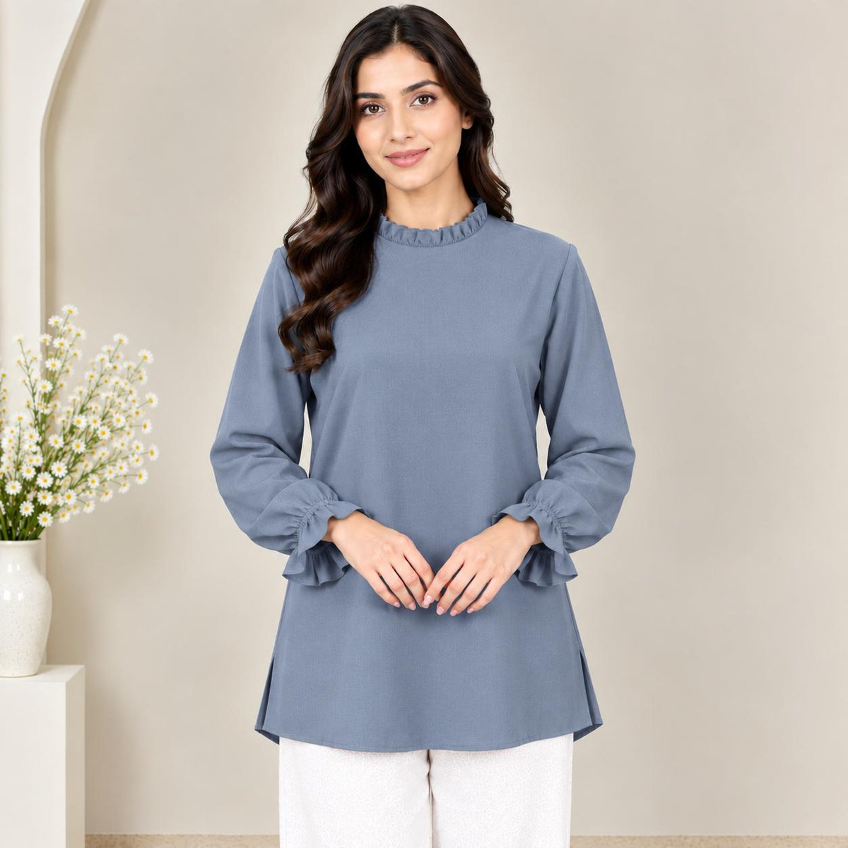 LYANA Ruffle Blouse – Blouse Wanita Leher Ropol Lengan Panjang Zip Belakang – Modest Fashion Muslimah