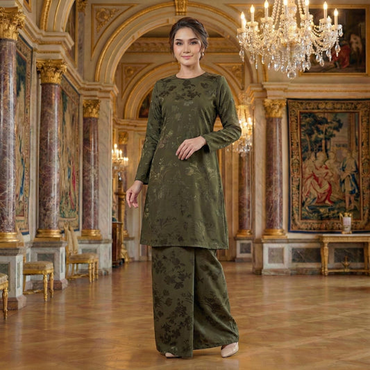 Asyana Kurung Riau Royal Satin Embossed Flowers (Olive Green)