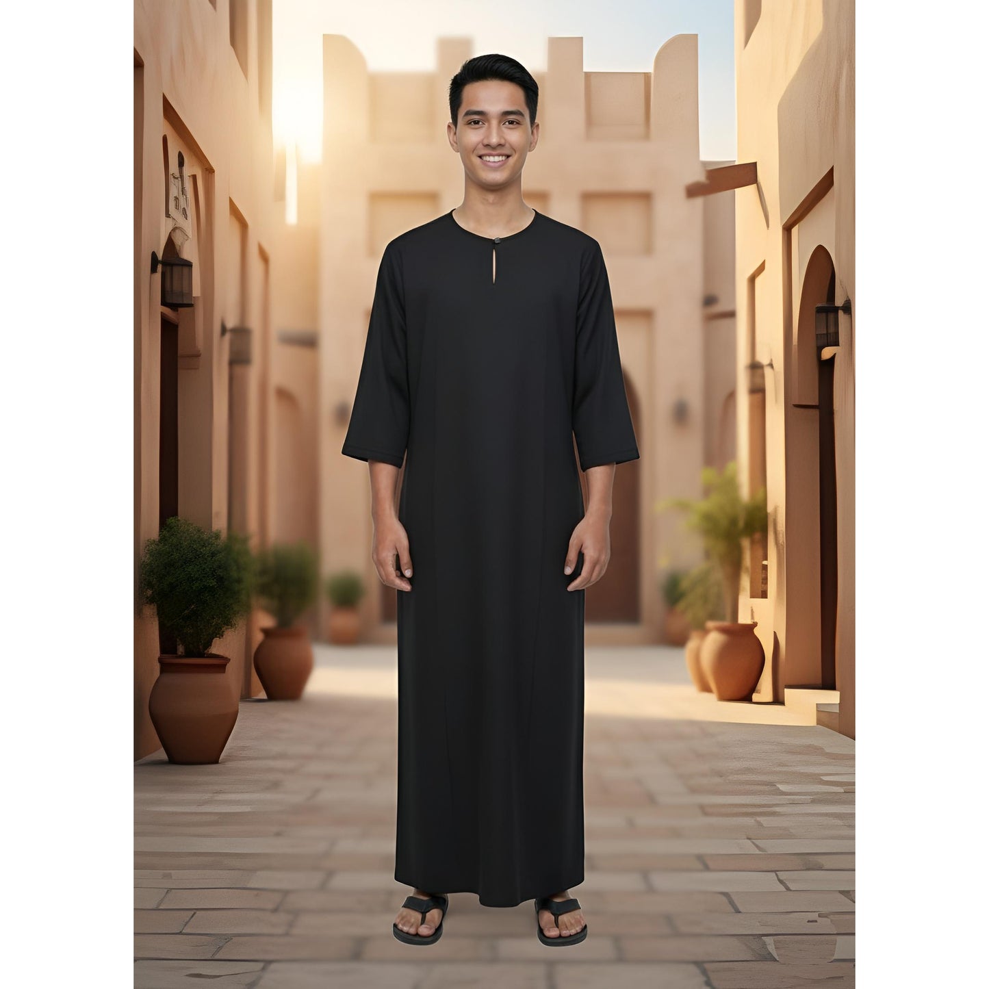 Jubah Lelaki Lengan Pendek Round Neck One Button 3/4 Sleeve (Maroon)