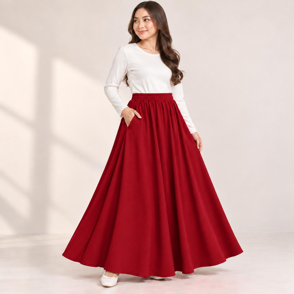 AINA Maxi Skirt – Skirt Labuh Kembang Pinggang Getah – Long Flowy Skirt Modest Fashion Wanita Muslimah