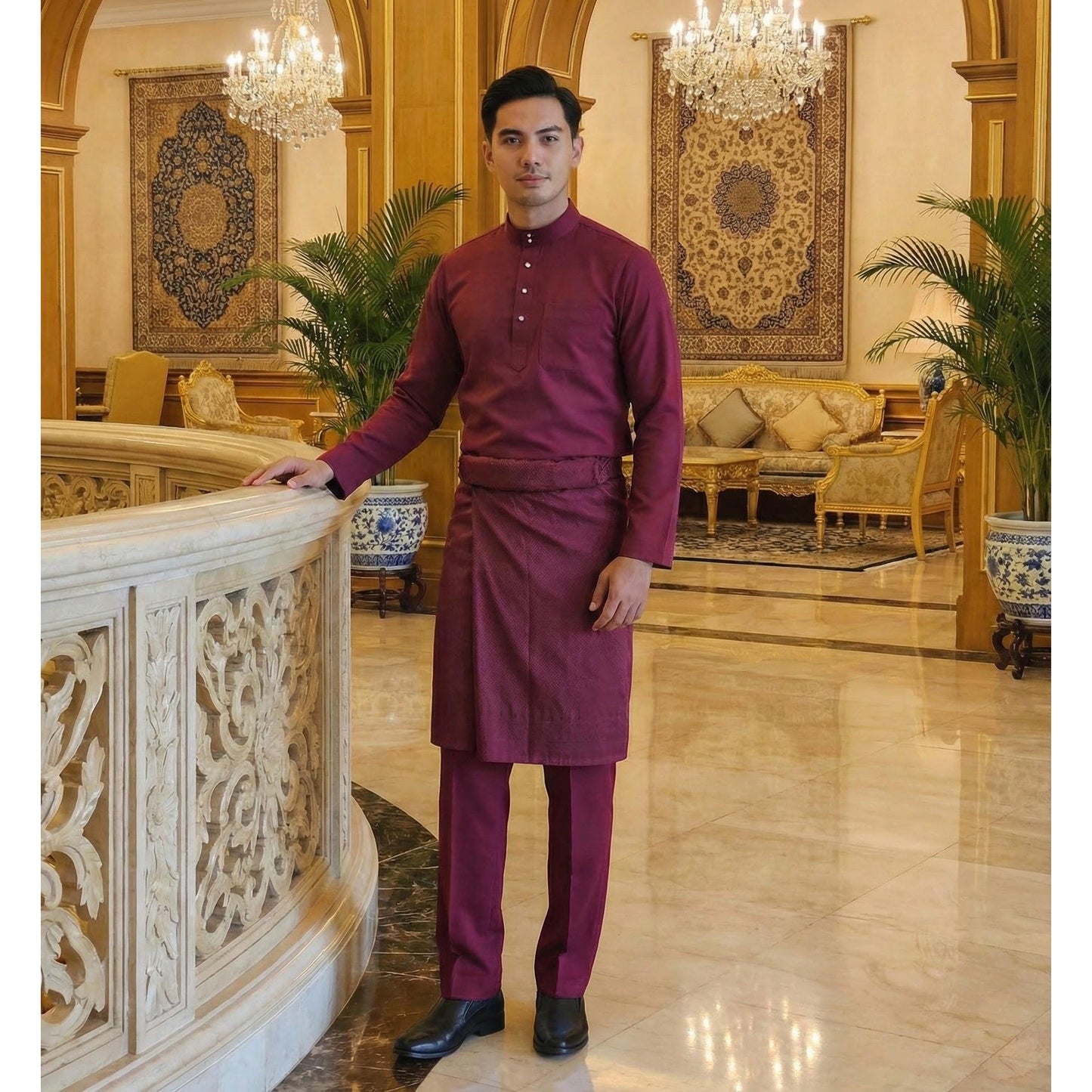 Baju Melayu Adult Pearl Skin - Top One Side Zip (Burgundy)