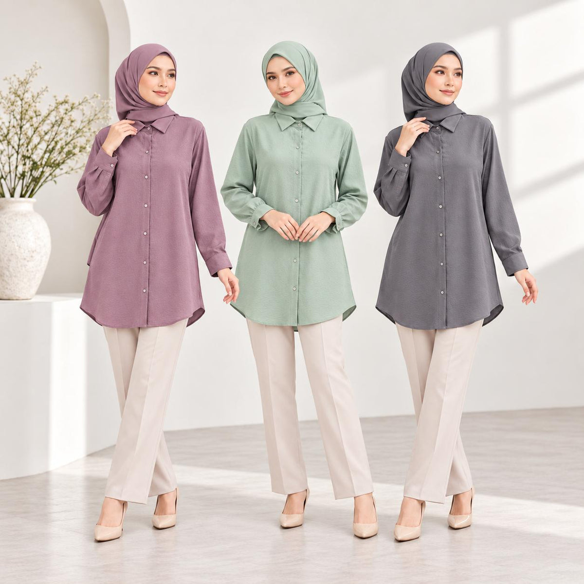 LANA Blouse Long Sleeves Kemeja Kolar With Front Buttons - Material CEY - Modest Fashion Wanita