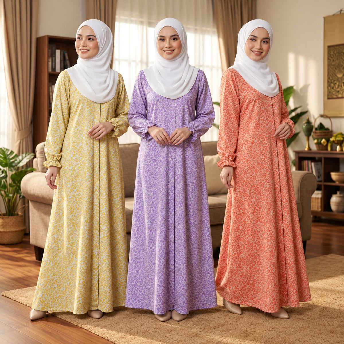 LARISA Jubbah Floral - Satin Sutera Vietnam - Side Pocket - Casual Wear Fashion Wanita Muslimah