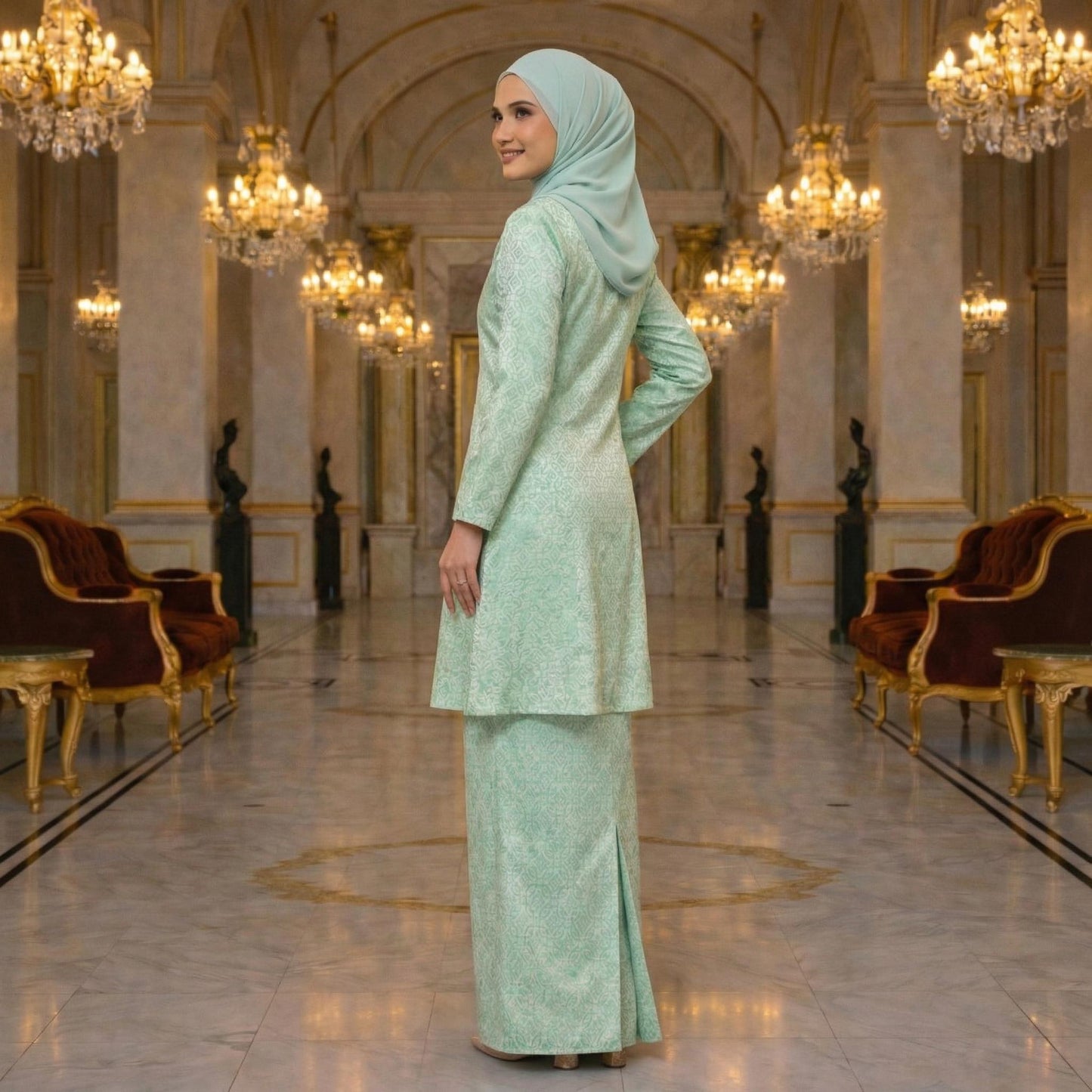 Riau Ayu Lestari Princess Satin Songket Embossed (Soft Pink)