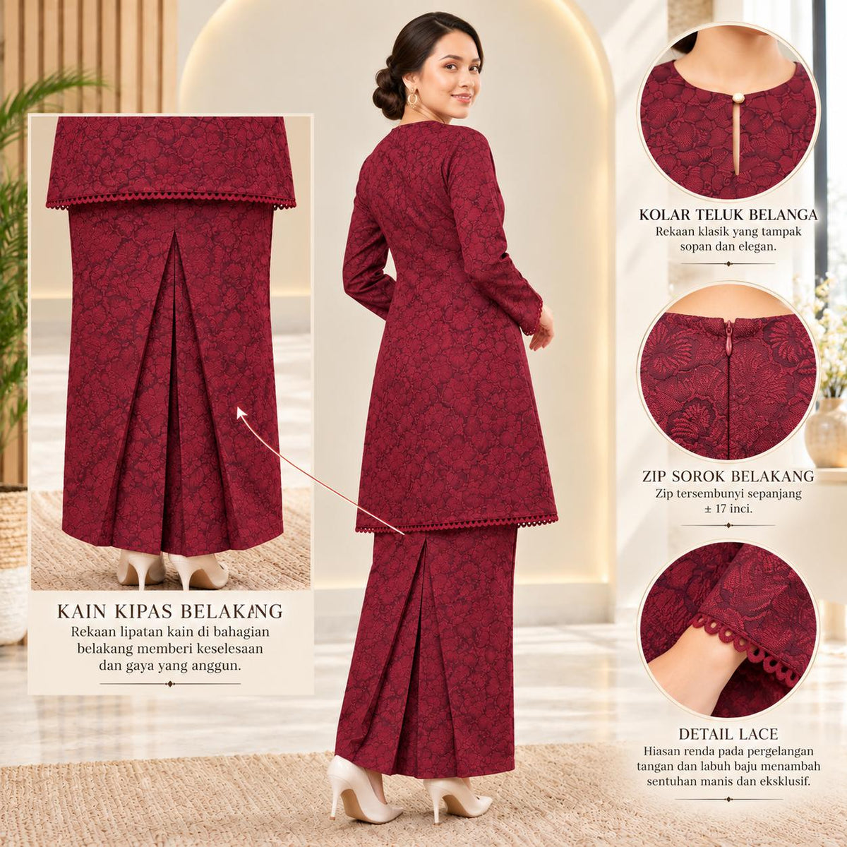 SERI KENCANA Kurung Riau Floral - Sutera Vietnam With Premium Lace - Modest Fashion Wanita Muslimah