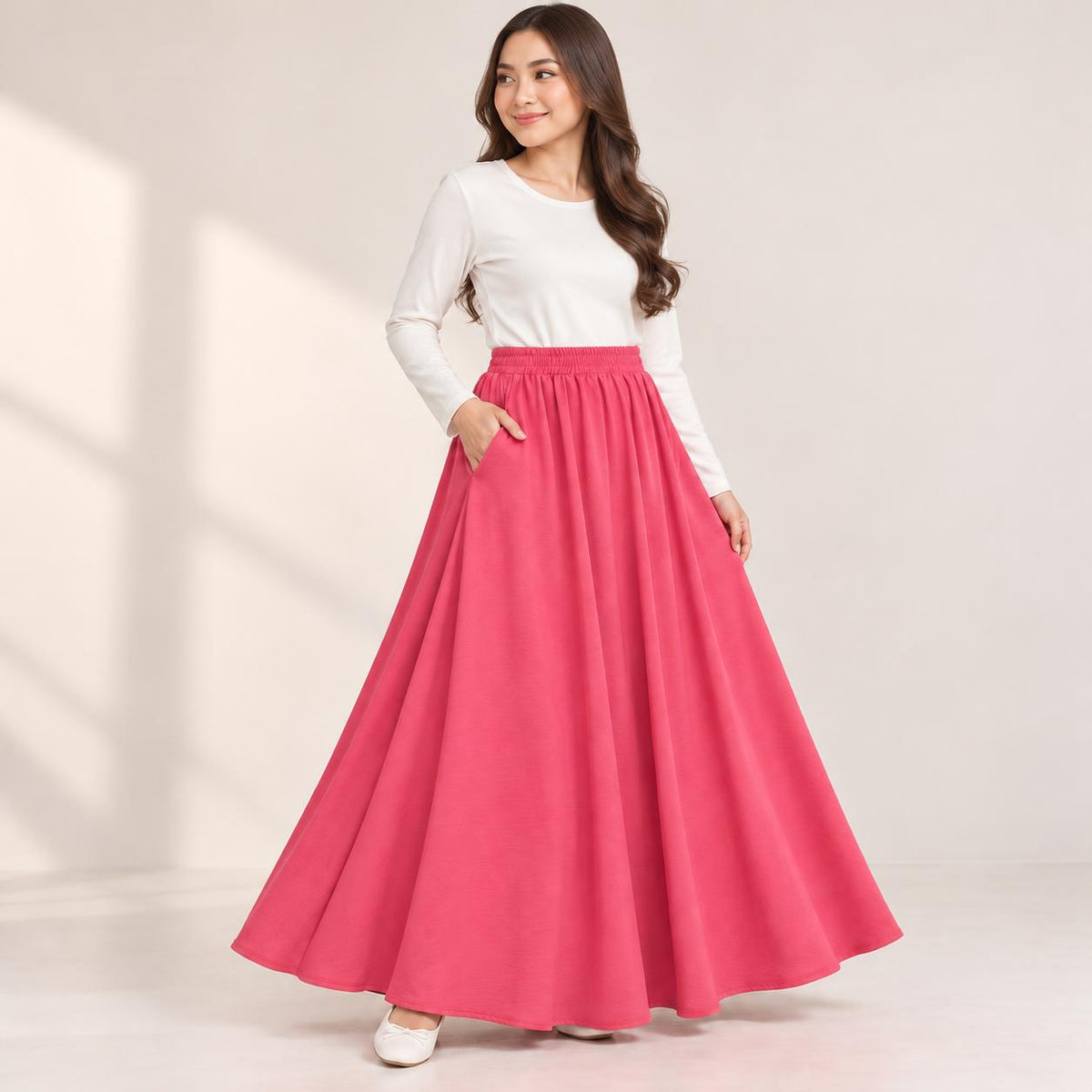 AINA Maxi Skirt – Skirt Labuh Kembang Pinggang Getah – Long Flowy Skirt Modest Fashion Wanita Muslimah