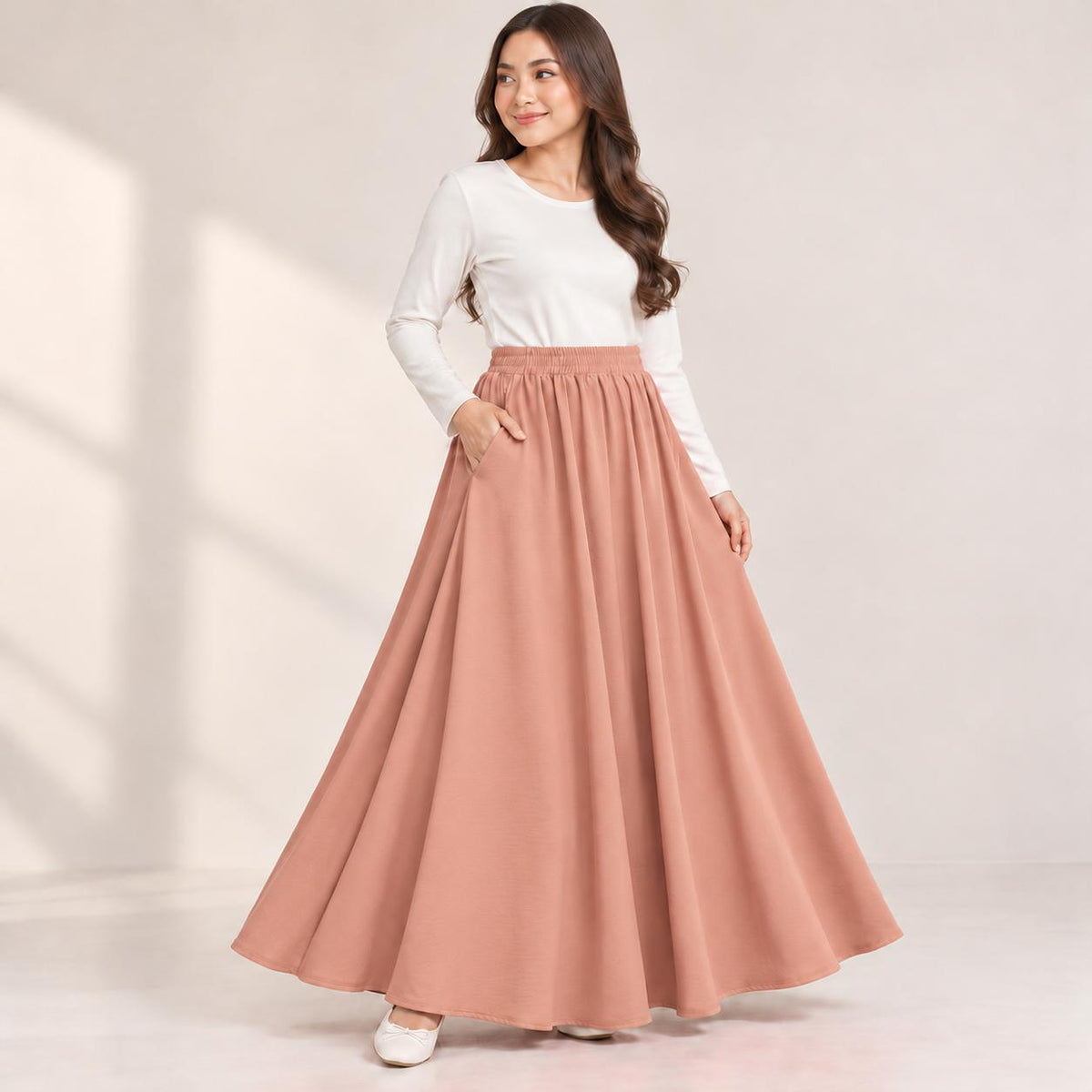 AINA Maxi Skirt – Skirt Labuh Kembang Pinggang Getah – Long Flowy Skirt Modest Fashion Wanita Muslimah
