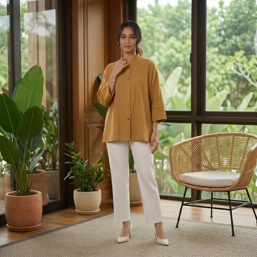 AERIN Blouse Free Size - Cotton Linen 3/4 Sleeve With Wooded Button Fashion Wanita Muslimah