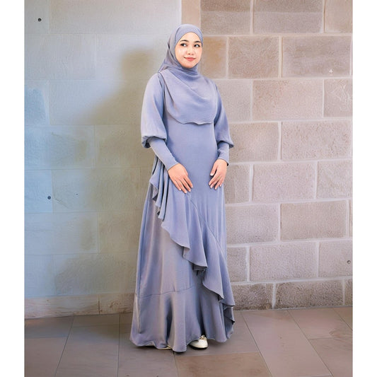 Women Dress Set Tudung Full Sleeve O Neck Plain Dress Muslimah Fashion Wanita Muslimah