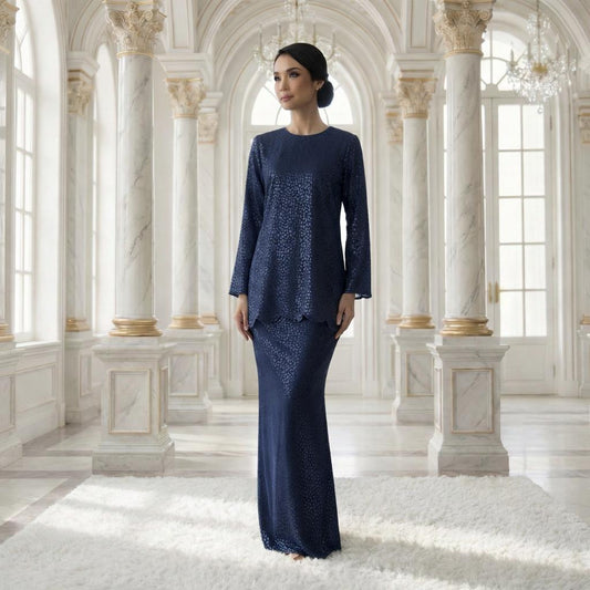 Aryana  Mini Kurung Royal Satin Dot Embossed (Navy Blue)