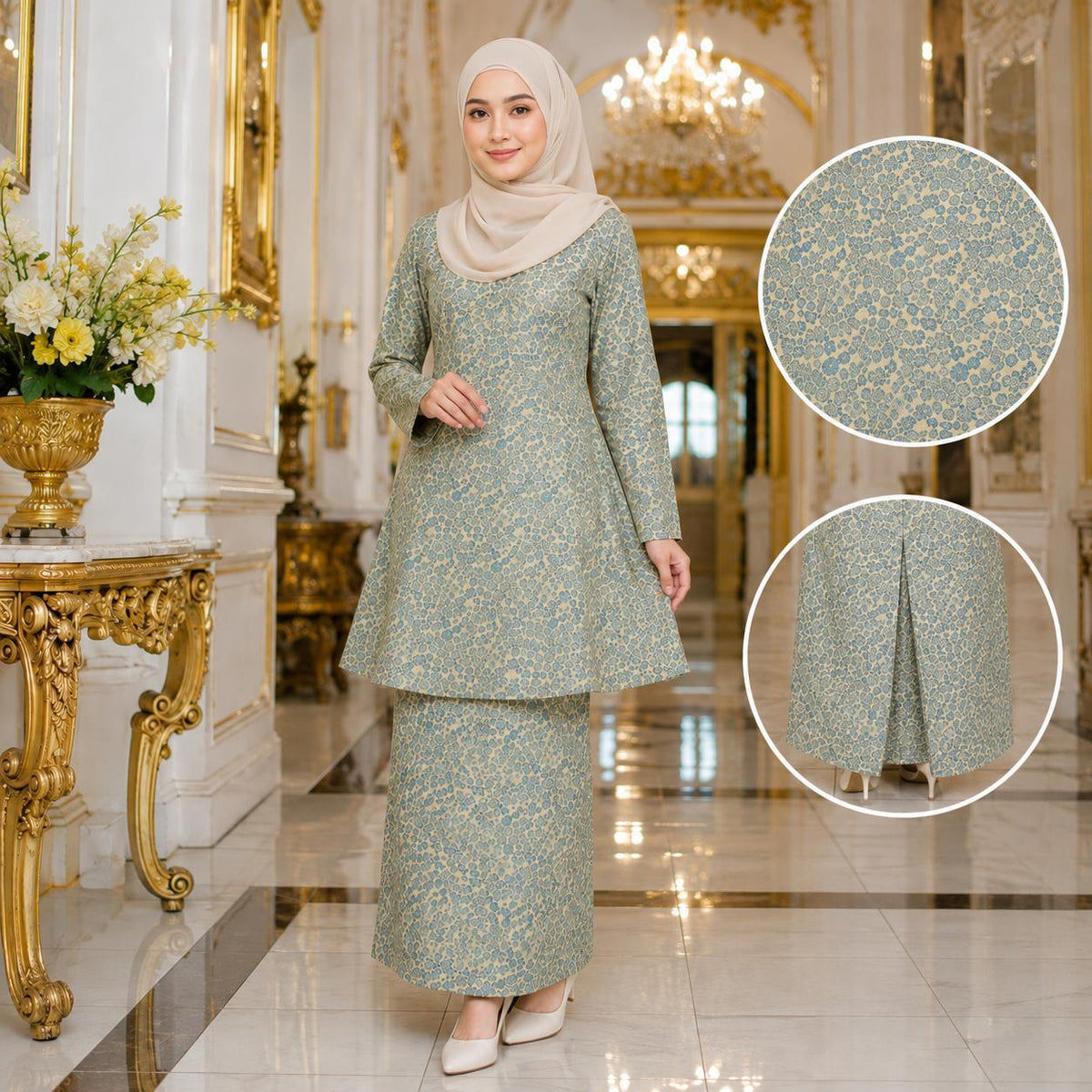 Ayu Lestari Kurung Riau - Vellore Brocade Floral - Kain Kipas Belakang - Fashion Wanita Muslimah