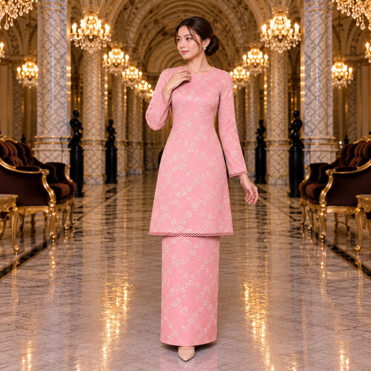 SEROJA Kurung Riau Floral – Baju Kurung Wanita Lace Lengan Panjang Kain Kipas Belakang – Modest Fashion Muslimah