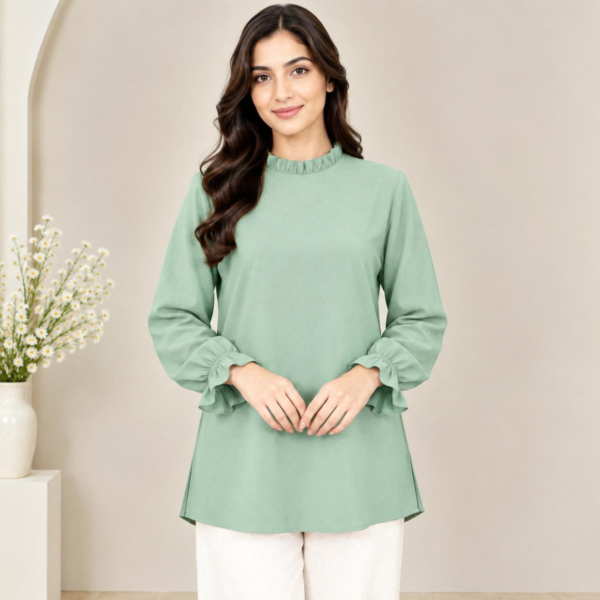LYANA Ruffle Blouse – Blouse Wanita Leher Ropol Lengan Panjang Zip Belakang – Modest Fashion Muslimah