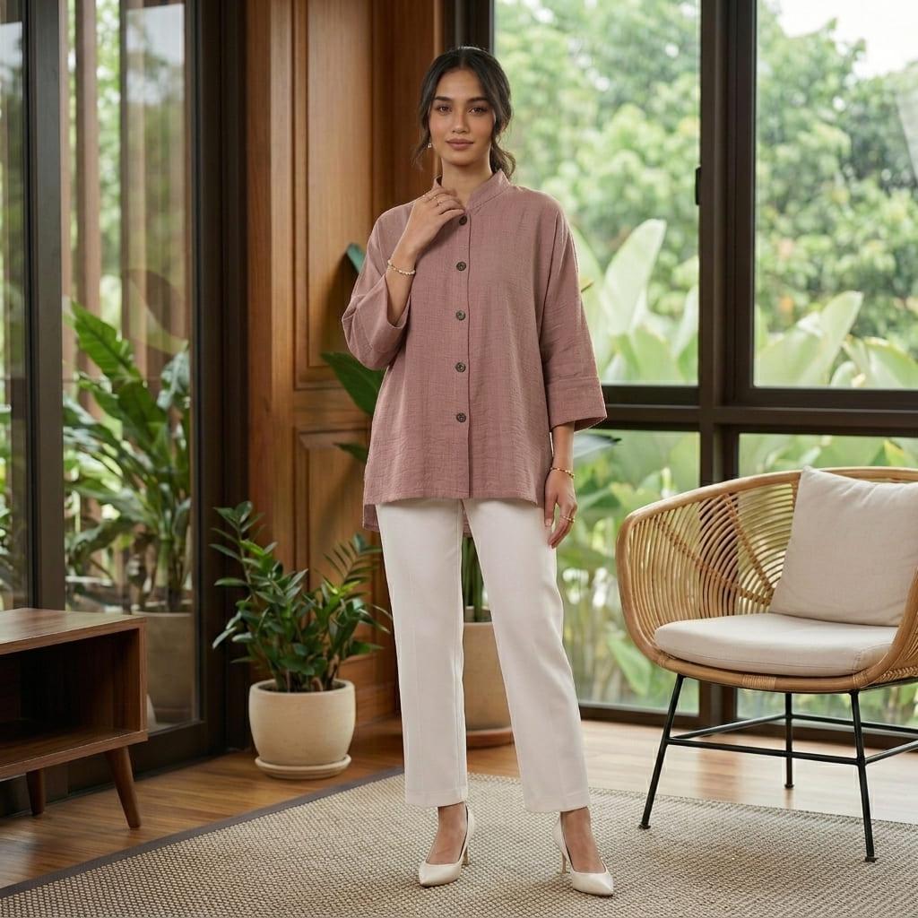 AERIN Blouse Free Size - Cotton Linen 3/4 Sleeve With Wooded Button Fashion Wanita Muslimah