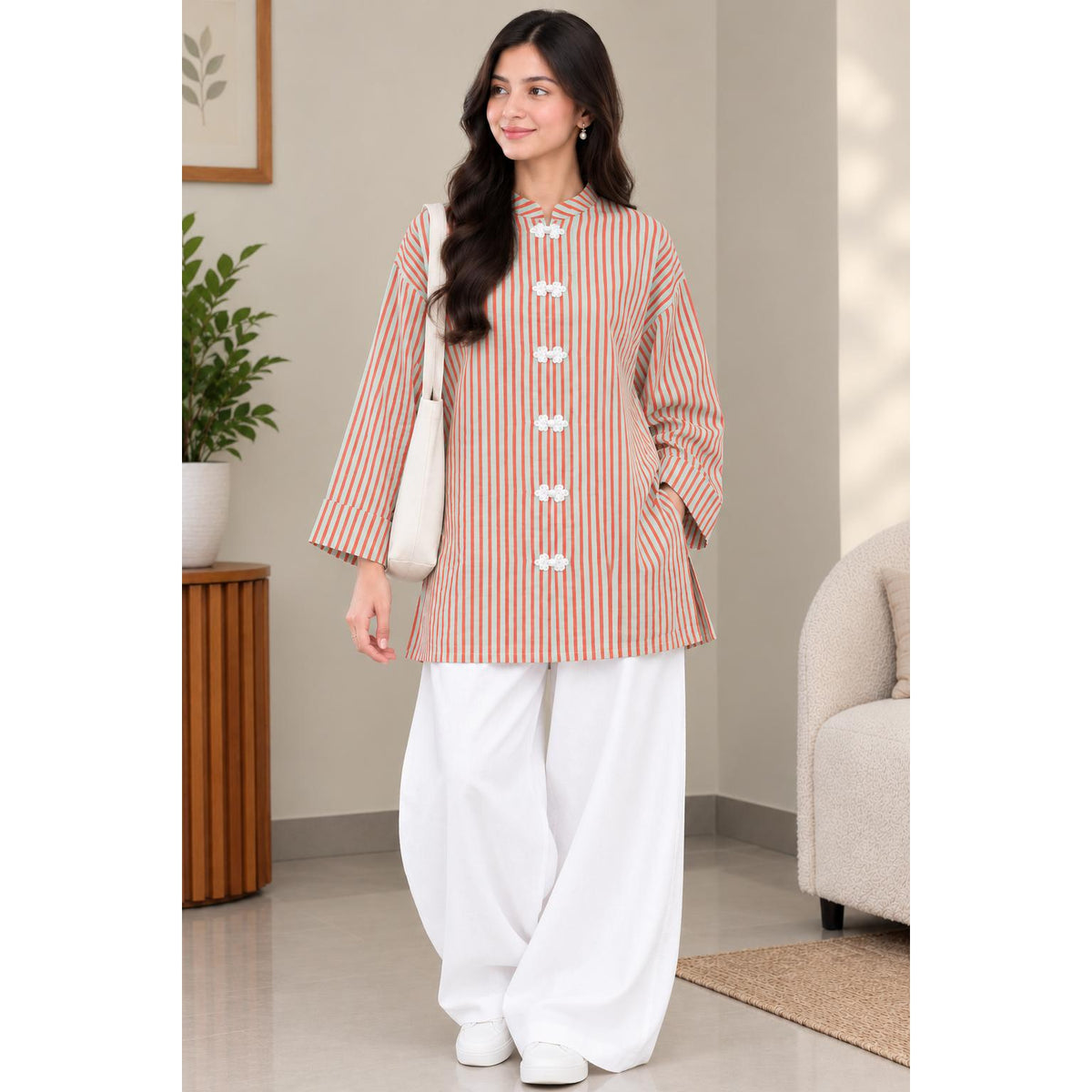 AYLIN Mandarin Blouse Cotton Line - Butang Sulam - Long Sleeve Mandrin Kolar - Modest Fashion Wanita Muslimah