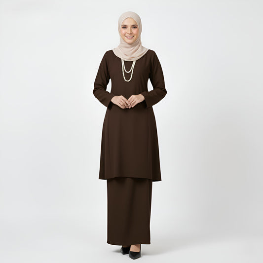 Baju Kurung Pahang Pesak (Mocha) Plain Cotton Crepe Ironless